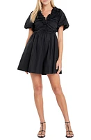 English Factory Flower Neckline Flare Minidress Black at Nordstrom,