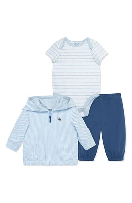 Little Me Puppy Stripe Cotton Zip-Up Jacket, Bodysuit & Pants Set Blue at Nordstrom,