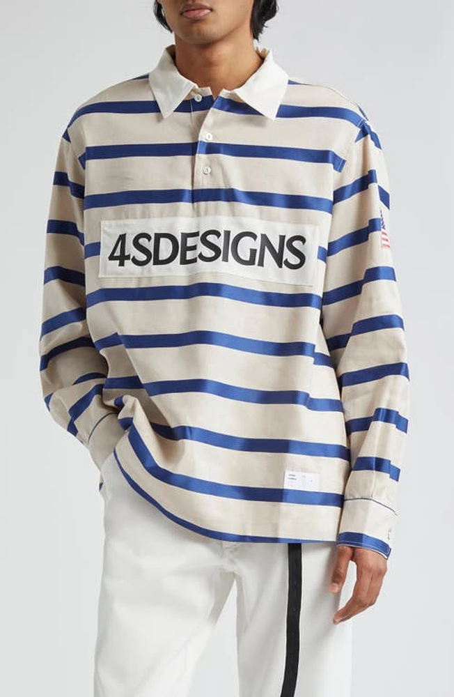 4SDesigns Oversize Stripe Lyocell & Linen Rugby Shirt Off White/Navy at Nordstrom,