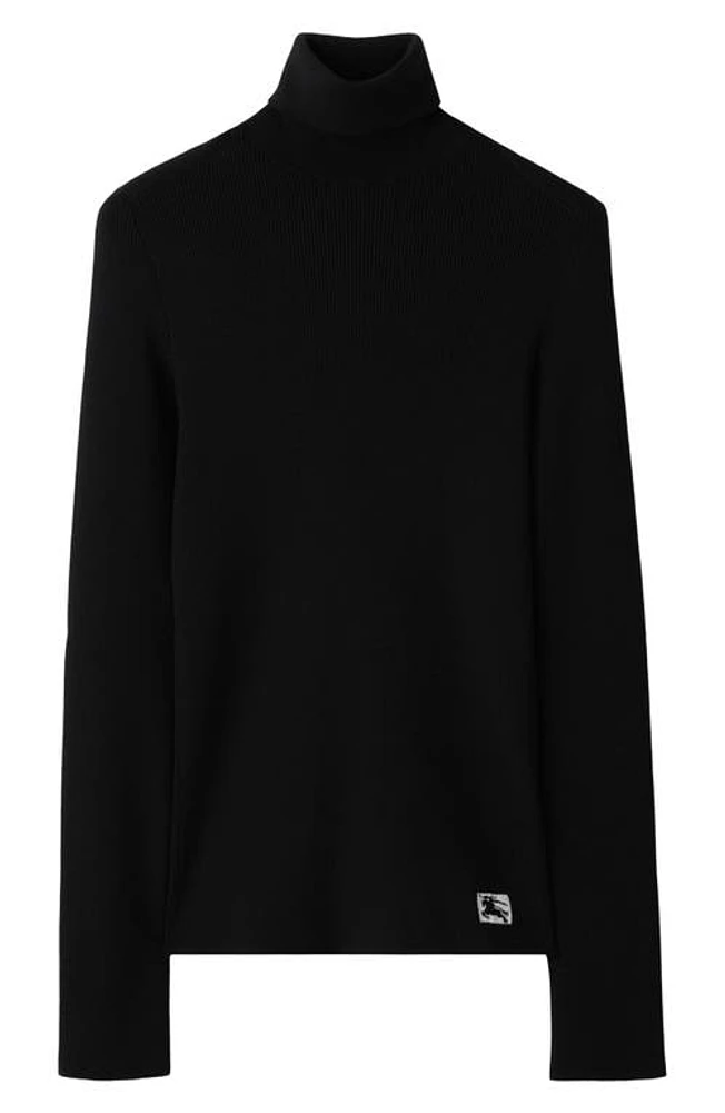 burberry Equestrian Knight Patch Wool Blend Rib Turtleneck Sweater Black at Nordstrom,