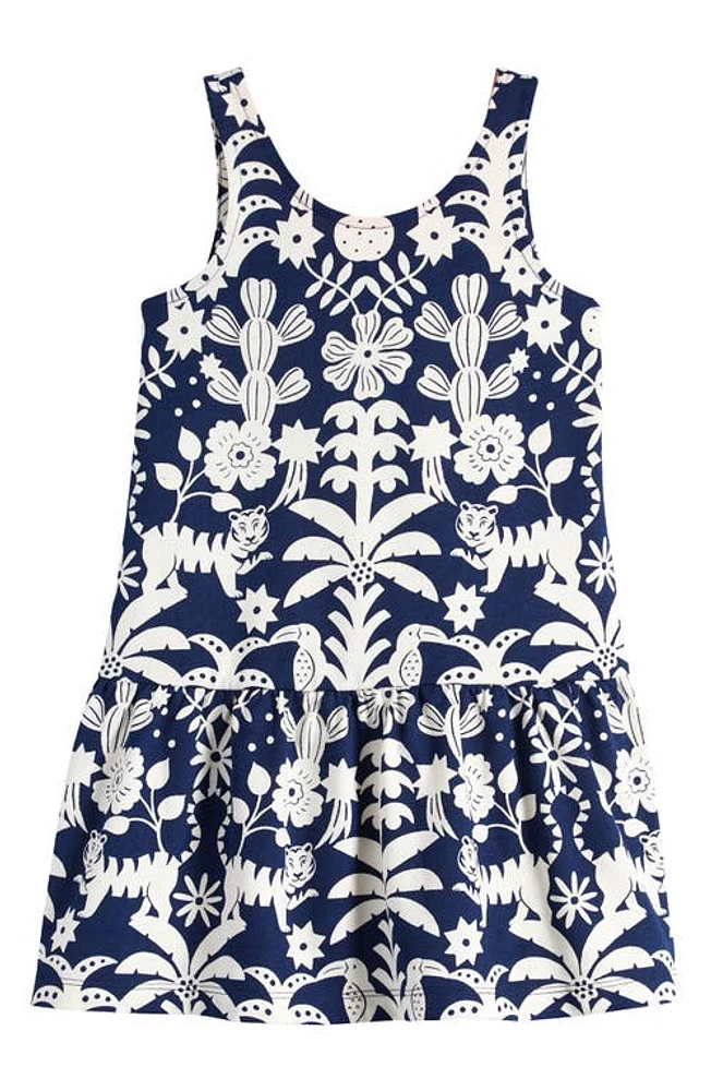 Mini Boden Kids' Woodblock Print Drop Waist Cotton Tank Dress College Navy Animal at Nordstrom,