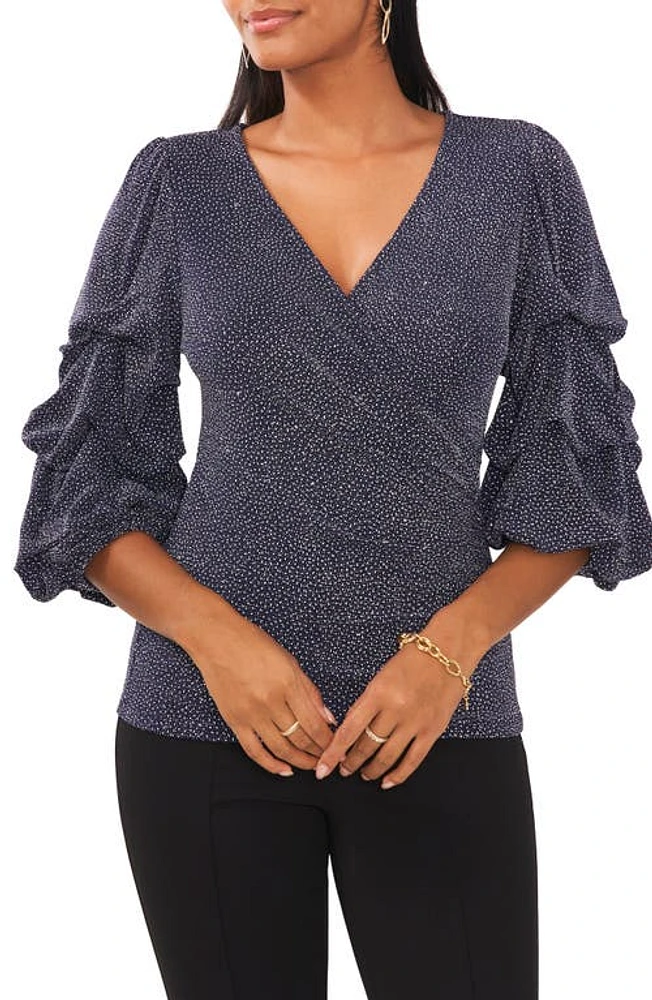 Chaus Surplice V-Neck Lantern Sleeve Blouse Navy/Silver at Nordstrom,