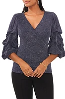 Chaus Surplice V-Neck Lantern Sleeve Blouse Navy/Silver at Nordstrom,