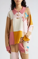 YanYan Oversize Embroidered Checkerboard Lambswool Polo Sweater Strawberry at Nordstrom,