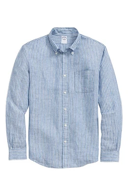 Brooks Brothers Regular Fit Stripe Linen Button-Down Shirt Ground Blue at Nordstrom,