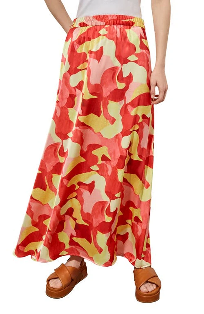 Ming Wang Abstract Print Crêpe de Chine Maxi Skirt Flamingo Pink/Red at Nordstrom,