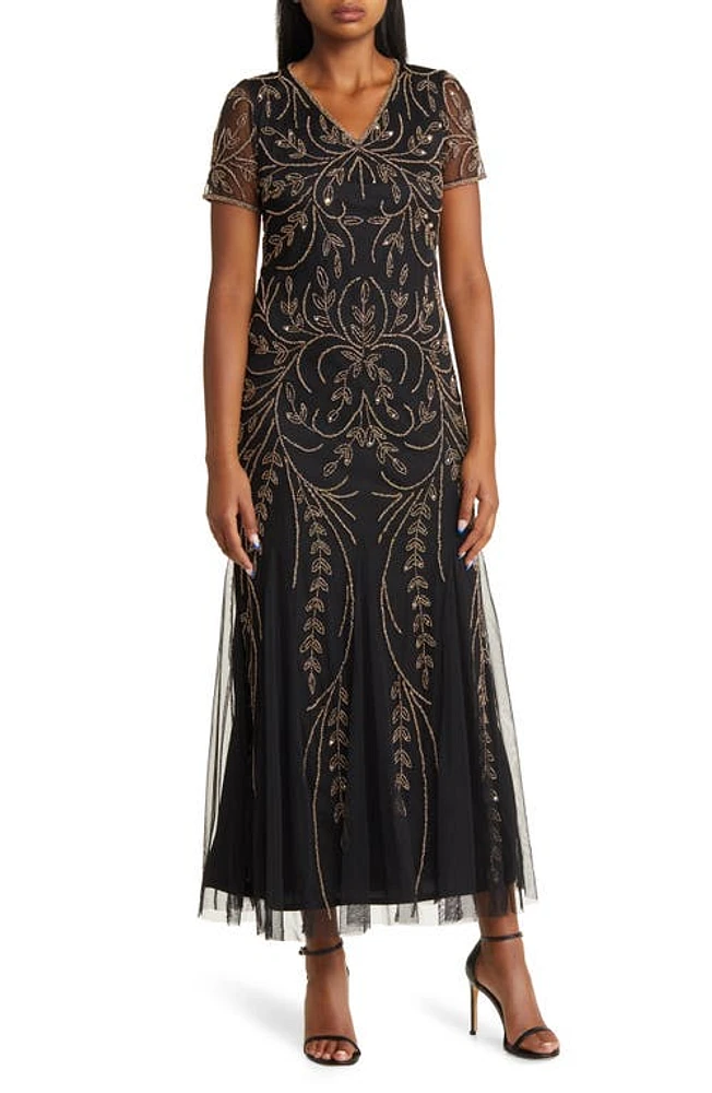 Pisarro Nights Beaded Mesh Gown Black/Gold at Nordstrom