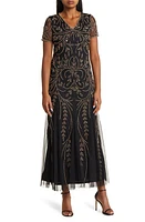 Pisarro Nights Beaded Mesh Gown Black/Gold at Nordstrom