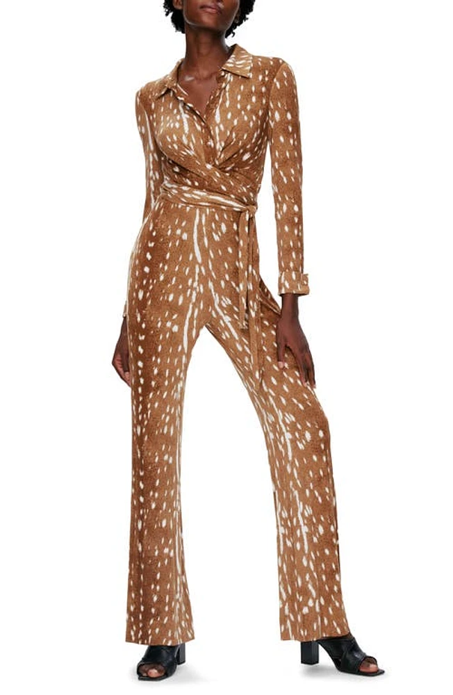 Diane von Furstenberg Michele Fawn Print Long Sleeve Jumpsuit Neatural at Nordstrom,