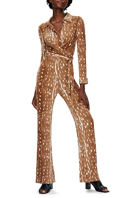 Diane von Furstenberg Michele Fawn Print Long Sleeve Jumpsuit Neatural at Nordstrom,