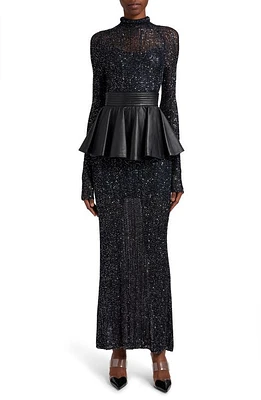 Alaïa Semisheer Sequin Open Stitch Long Sleeve Maxi Dress Marine/Argent at Nordstrom, Us