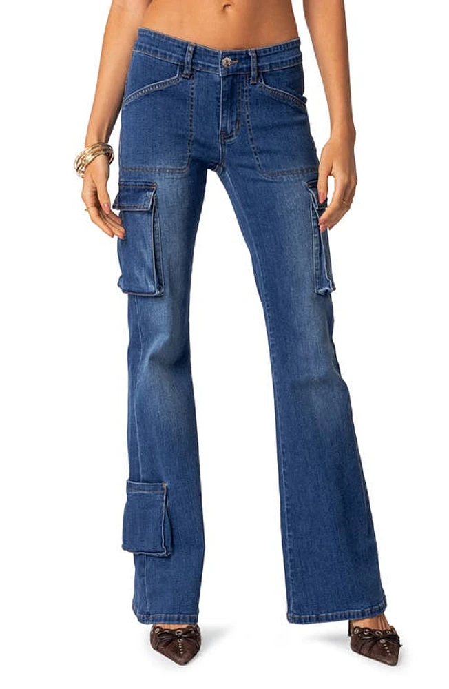 EDIKTED Roslyn Flare Leg Denim Cargo Pants Blue-Washed at Nordstrom,