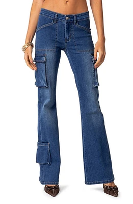 EDIKTED Roslyn Flare Leg Denim Cargo Pants Blue-Washed at Nordstrom,