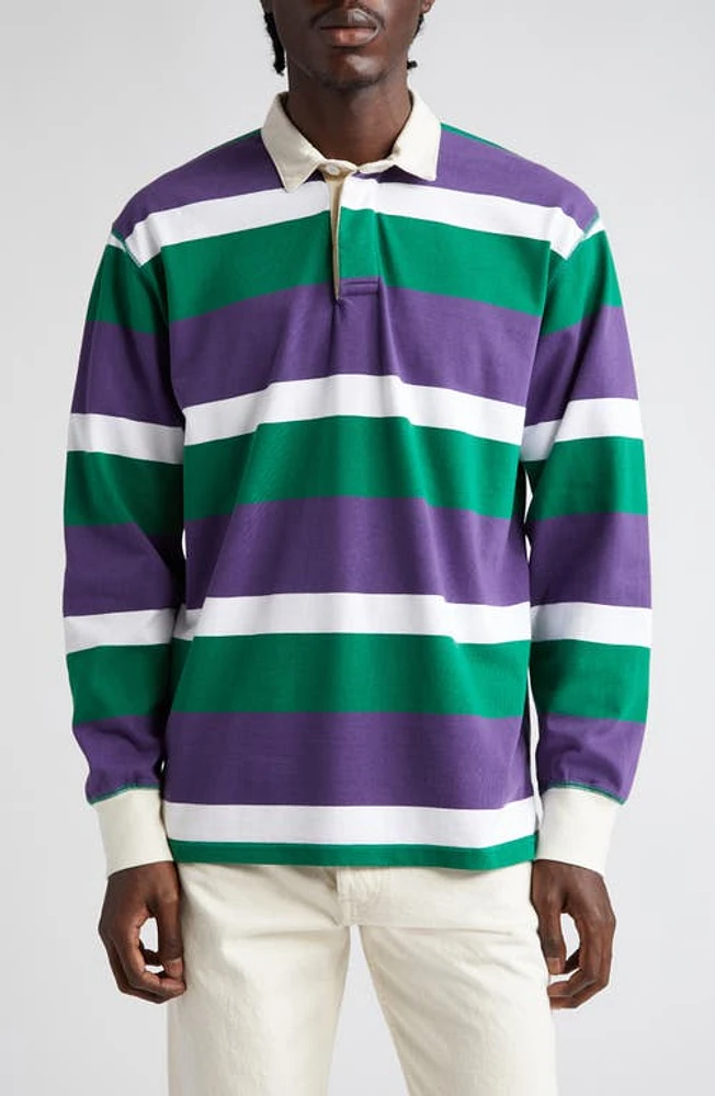 Drake's Stripe Long Sleeve Rugby Polo Purple/Green/White at Nordstrom,