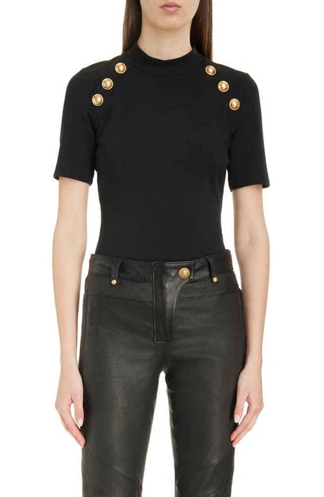 Balmain Button Detail Mock Neck T-Shirt Black at Nordstrom,