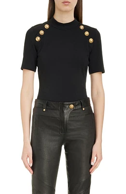 Balmain Button Detail Mock Neck T-Shirt Black at Nordstrom,