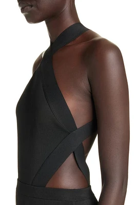 Saint Laurent Crossover Halter Neck Cutout Bodysuit in Noir at Nordstrom, Size Medium