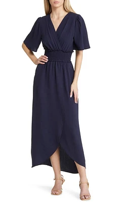 Fraiche by J Smocked Flutter Sleeve Tulip Hem Maxi Dress Navy at Nordstrom,