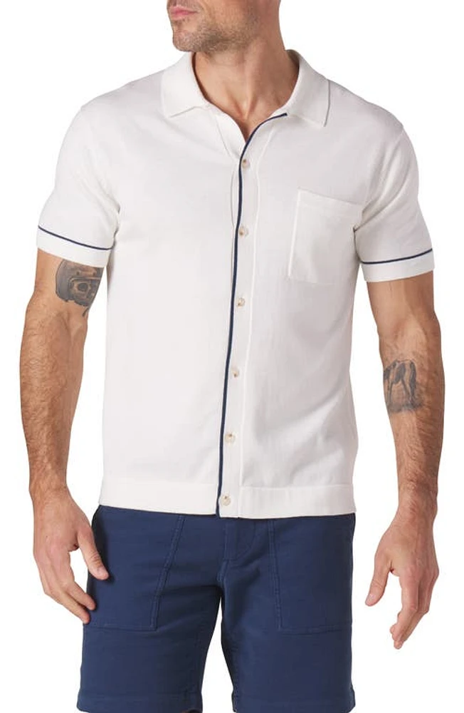 The Normal Brand Robles Tipped Short Sleeve Cotton Knit Button-Up Shirt in White/Normal Navy at Nordstrom, Size Large