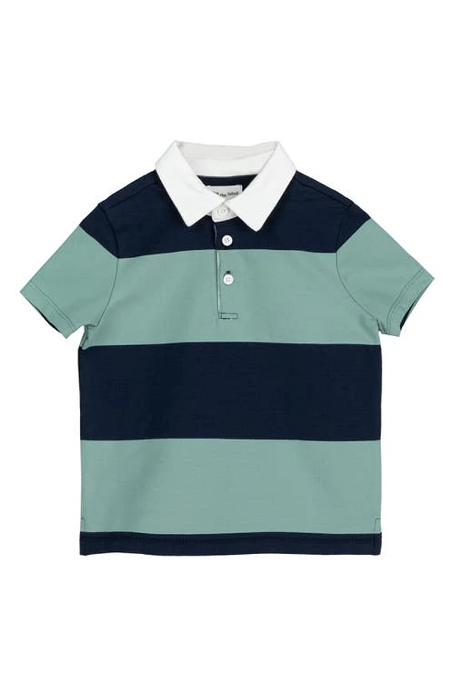 MILES BABY Kids' Stripe Short Sleeve Organic Cotton Rugby Shirt Teal/navy at Nordstrom,