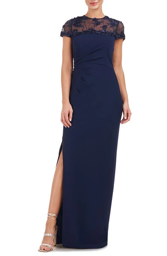 JS Collections Laney Rosette Embroidered Mesh Yoke Sheath Gown Navy at Nordstrom,