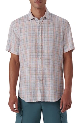 Bugatchi Shaped Fit Plaid Linen Short Sleeve Button-Up Shirt in White at Nordstrom, Size Medium