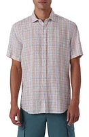 Bugatchi Shaped Fit Plaid Linen Short Sleeve Button-Up Shirt in White at Nordstrom, Size Medium