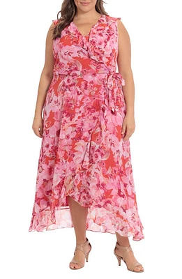 Maggy London Floral Ruffle V-Neck Sleeveless Wrap Dress Coral Pink at Nordstrom,