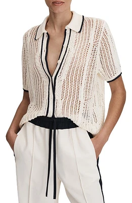 Reiss Erica Open Stitch Linen Button-Up Sweater in Ivory/navy at Nordstrom, Size Medium