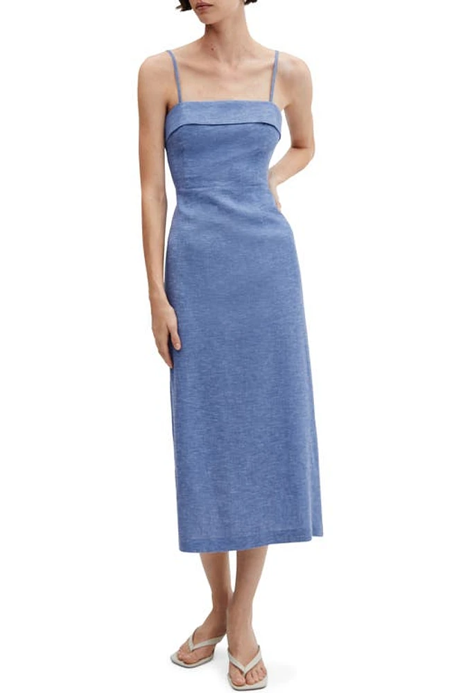 MANGO Linen Blend Midi Dress in Blue at Nordstrom, Size 4