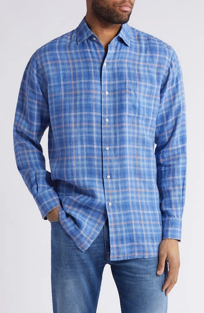 Peter Millar Ashore Check Linen Button-Up Shirt Moon Blue at Nordstrom,