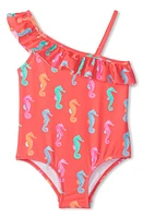 Hatley Kids' Seahorse Ruffle Trim One-Piece Swimsuit Orange at Nordstrom,