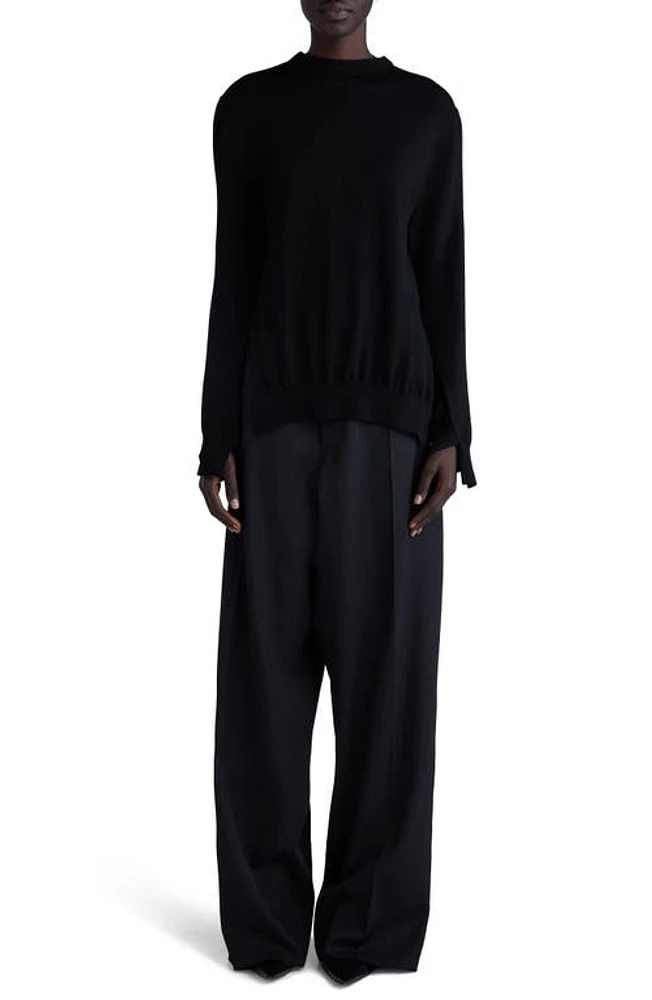 Balenciaga Mixed Media Tie Neck Reversible Wool Cardigan Black at Nordstrom,