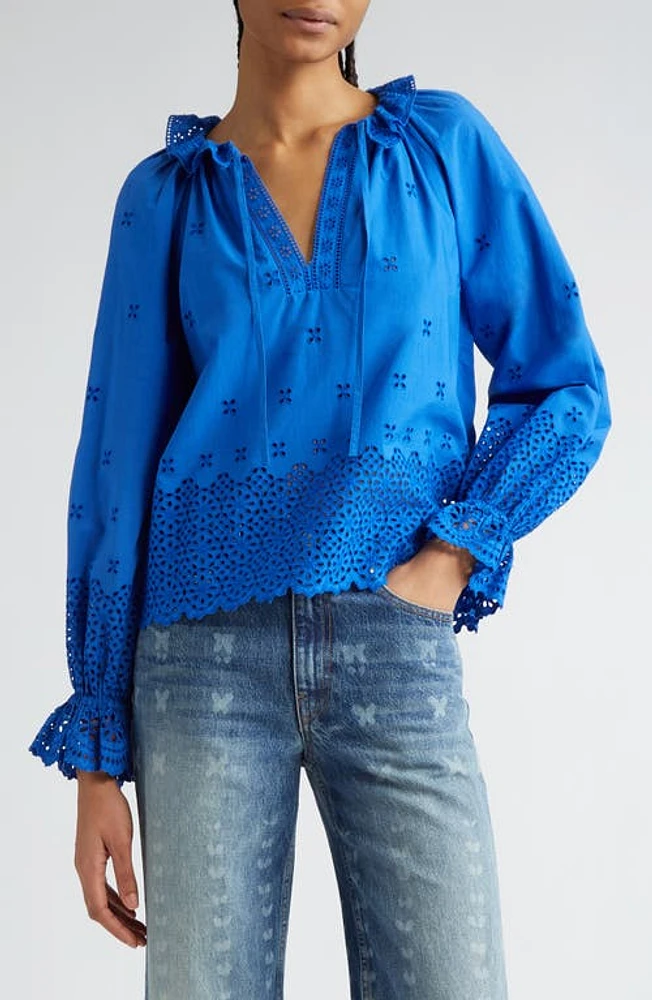 Ulla Johnson Alora Ruffle Eyelet Tie Neck Top Cobalt at Nordstrom,