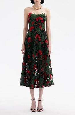 Oscar de la Renta Strapless Multicolor Marbled Carnation Guipure Lace Midi Dress Red/Green/Black at Nordstrom,