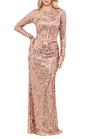 Betsy & Adam Sequin Corset Long Sleeve Gown Rose/Gold at Nordstrom,