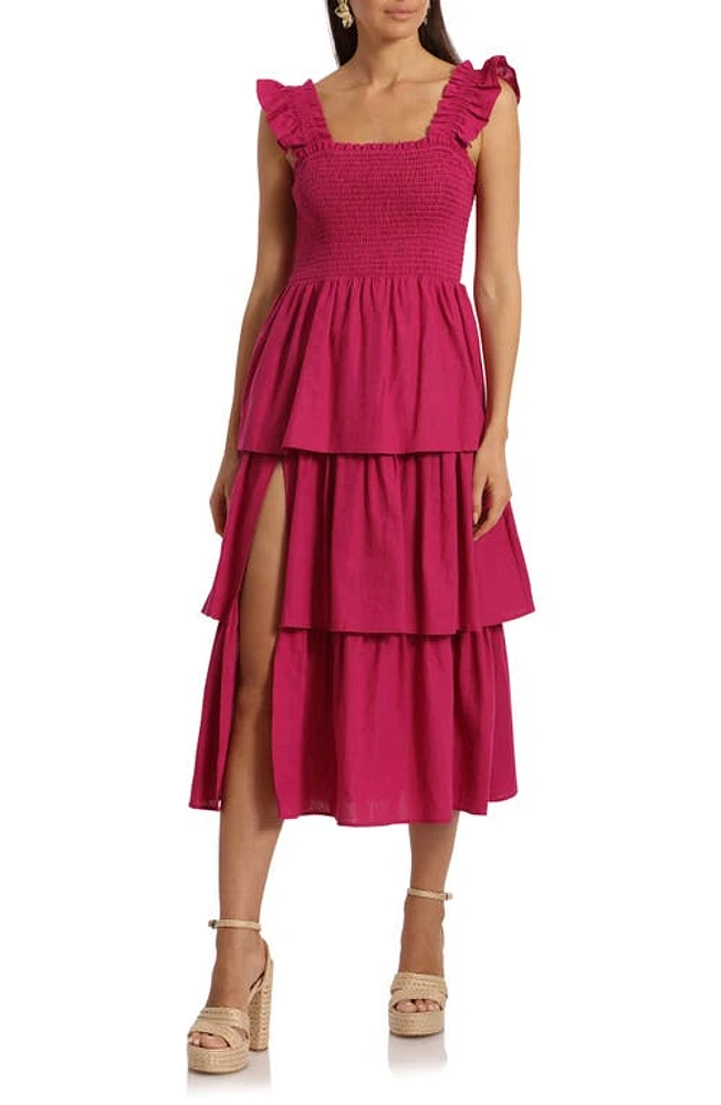 Avec Les Filles Smocked Tiered Linen Blend Sundress Magenta at Nordstrom,