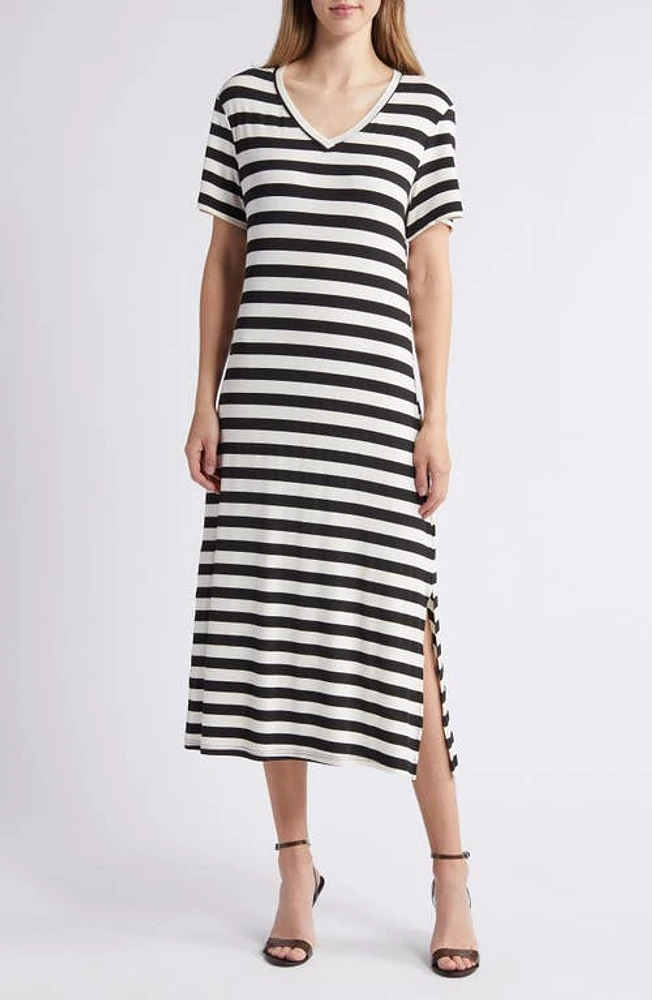 NIKKI LUND Lydia Stripe Midi T-Shirt Dress Black/White at Nordstrom,