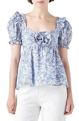 English Factory Floral Print Cotton Top Blue Multi at Nordstrom,