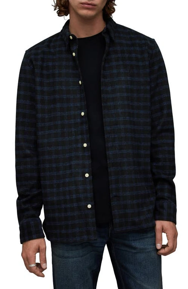 AllSaints Volans Relaxed Fit Check Flannel Long Sleeve Button-Up Shirt in Jet Black at Nordstrom, Size Small