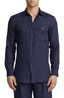 Ralph Lauren Purple Label Norfolk Pinstripe Linen Button-Up Shirt Spring Navy/Cream at Nordstrom,