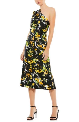 Mac Duggal Floral Drape One-Shoulder Midi Dress Black Multi at Nordstrom,