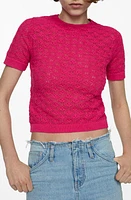 MANGO Sito Crochet Stitch Short Sleeve Sweater Bright Pink at Nordstrom,