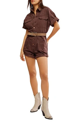 Free People Marci Belted Cotton Denim Cuffed Romper Mocha at Nordstrom,