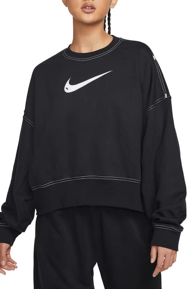 Nike Sportswear Swoosh Oversize Crop Fleece Sweatshirt in Black/Black/White at Nordstrom, Size X-Small Regular