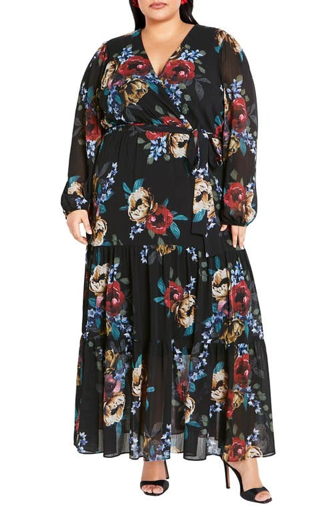 City Chic Xander Floral Long Sleeve Chiffon Maxi Dress Dark Late Bloom at