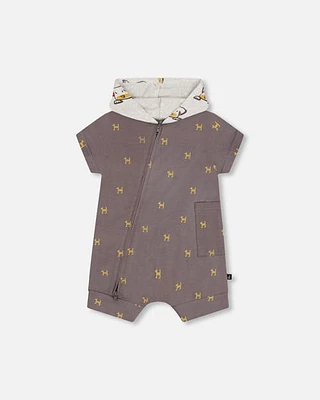 Deux Par Deux Baby Boy's Organic Cotton Hooded Romper Dark Grey With Printed Pixel Dog in Dark Grey With Printed Dog at Nordstrom