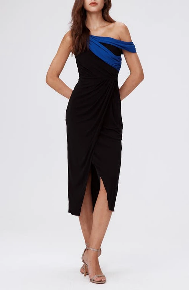 Diane von Furstenberg Terin Colorblock One-Shoulder Dress Black/Royal Blue/Emerald at Nordstrom,