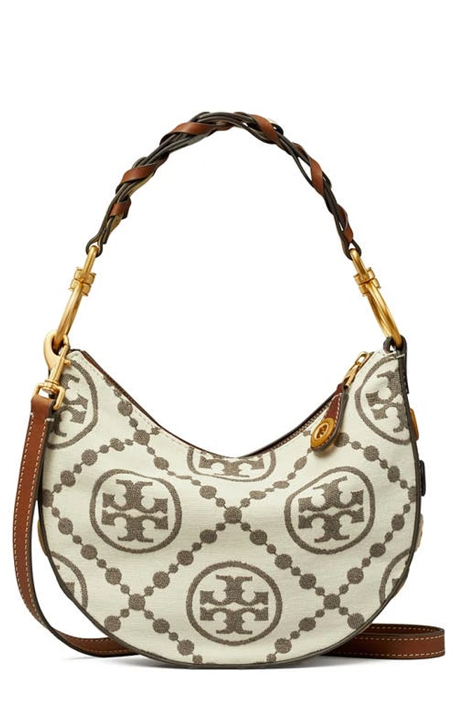 Tory Burch T Monogram Grommet Mini Crescent Shoulder Bag in Greggio at Nordstrom