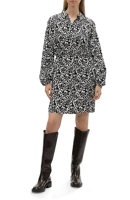 VERO MODA Sophia Floral Print Long Sleeve Shirtdress Black Aop White Flor at Nordstrom,